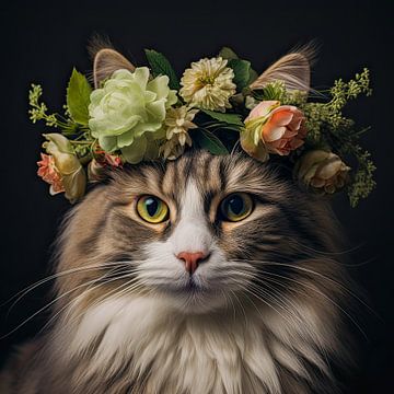 Cat with garland on her head boho hippie style by Vlindertuin Art