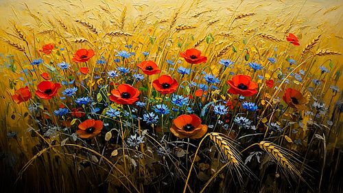Goldenes Weizenfeld mit Mohnblumen und Kornblumen von Studio Pieternel