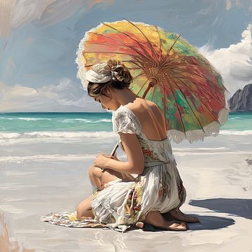 Vrouw met parasol op het strand