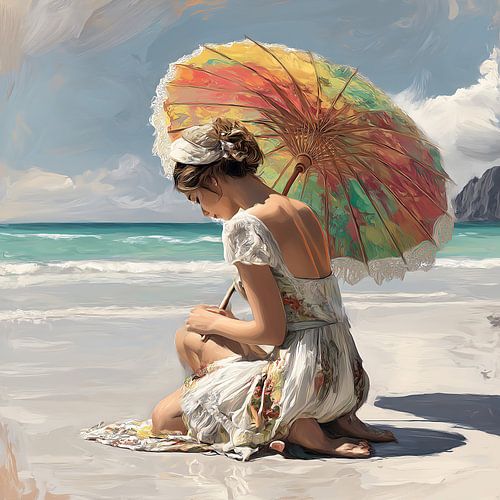 Vrouw met parasol op het strand