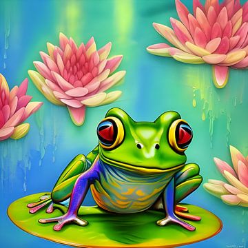 Frog on water lily leaf with flowers by Betty Maria Digital Art