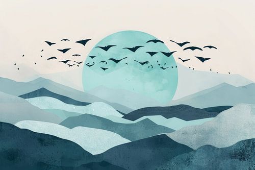 Blauwe zonsopgang met vogels - Minimalistische landschapskunst