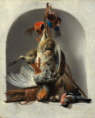 Still Life with Birds and Hunting Gear in a Niche, Melchior d'Hondecoeter
