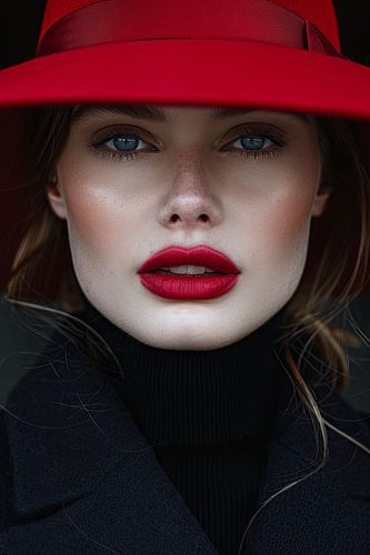 vrouw met hoed en rode lippen