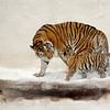 Tigers In Abstract Winter Landscape With Snow Painting by Diana van Tankeren