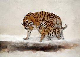 Des tigres dans un paysage d'hiver abstrait avec une peinture de neige sur Diana van Tankeren