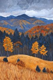 Autumn landscape with mountains and colourful trees by Art & Soul Creations