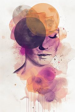 Art graphique en formes rondes abstraites et portrait d'une femme sur Digitale Schilderijen