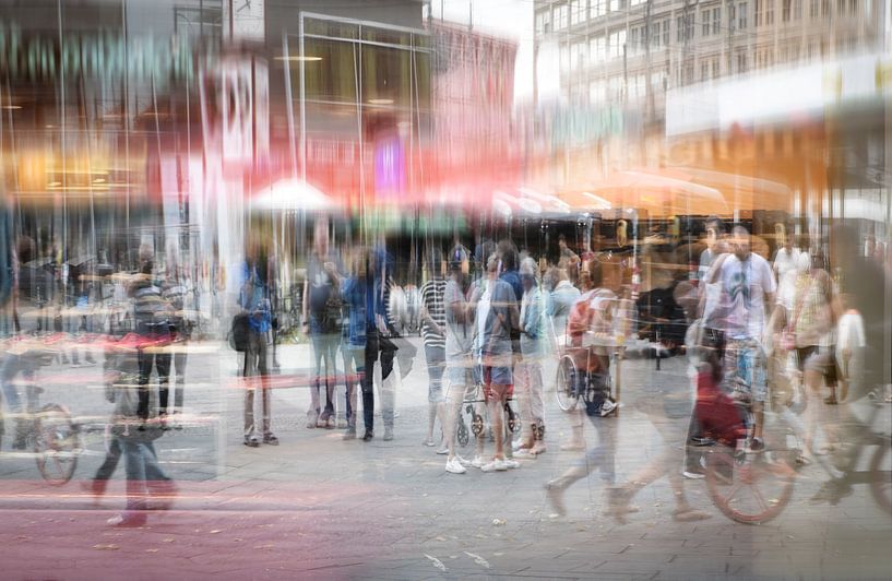 Crowd of anonymous people at a shopping mall in the big city, abstract double exposure by Maren Winter