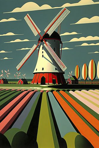 Minimalistisch Nederlands tulpenveld met een molen