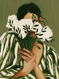 Frau mit Blumen, smaragdgrüne Wanddekoration, Frau von Stephanie Jeuffroy