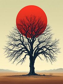 Ancient Tree Silhouetted Against a Fiery Setting Sun in a Vast Desert Landscape