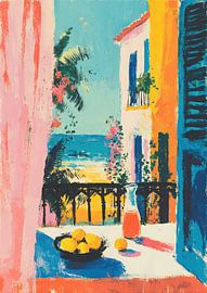 Gouache balcony Mediterranean Sea pastel colours by Niklas Maximilian