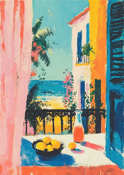 Gouache Balkon Mittelmeer Pastellfarben von Niklas Maximilian