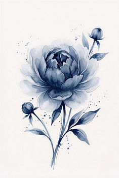 Minimalist Indigo Blue Peony Watercolor Botanical Art Print