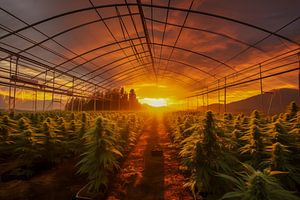 Zonsondergang over een cannabis kwekerij met rijen planten in een kas van Animaflora PicsStock