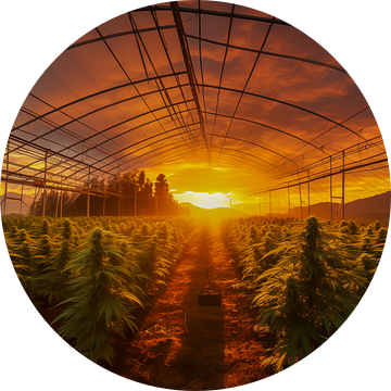 Zonsondergang over een cannabis kwekerij met rijen planten in een kas van Animaflora PicsStock