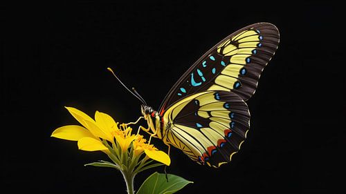 beautiful exotic butterfly on a flower against a black backgroun