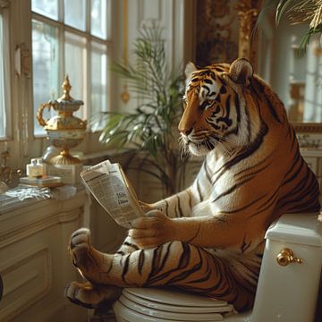 Tiger reads newspaper on toilet in luxury bathroom by Felix Brönnimann