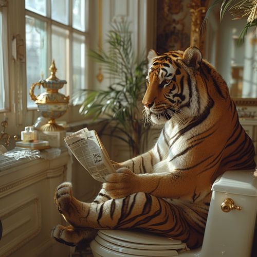 Tijger leest krant op toilet in luxe badkamer