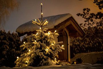 Besneeuwde kerstboom met lichtjes 's avonds in de tuin met een kleine kapel op de achtergrond van chamois huntress