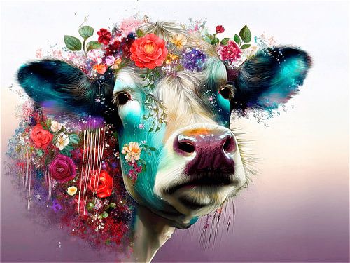 A colourful portrait of a cow wearing a wreath of flowers