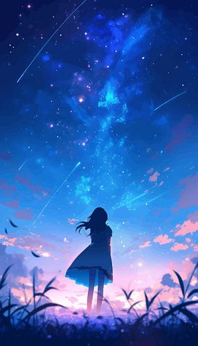 Een meisje dat zich bij nachthemel bevindt