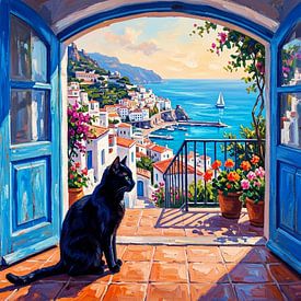 Une vue sereine sur la côte avec un chat : une escapade méditerranéenne sur Artkreator