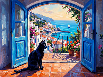 Une vue sereine sur la côte avec un chat : une escapade méditerranéenne