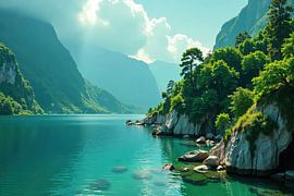 Bergsee und felsiges Ufer mit üppiger Vegetation von Markus Gann
