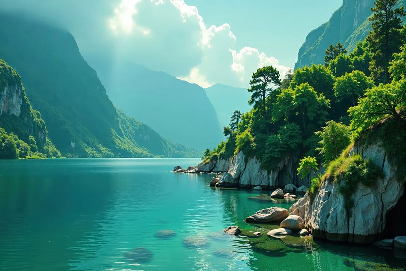 Mountain Lake and Rocky Shoreline with Lush Vegetation by Markus Gann