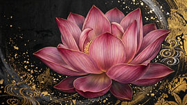 Une majestueuse fleur de lotus bordeaux rehaussée de somptueux accents dorés sur Siti Zuliana