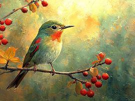 Bird on branch with red berries by Bianca Bakkenist