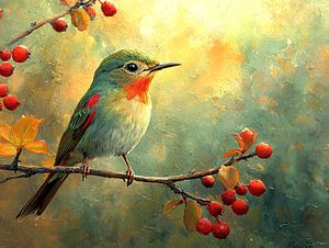 Oiseau sur une branche avec des baies rouges
