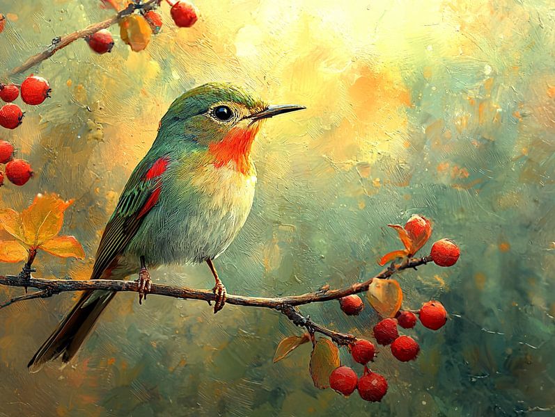Vogel auf Ast mit roten Beeren von Bianca Bakkenist