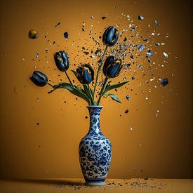 Eine Delfter-Blau-Vase mit dunkelblauen Tulpen. von J.a Dijkstra