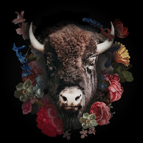 Bison enveloppé dans de belles fleurs d'époque sur Dutch Art Works
