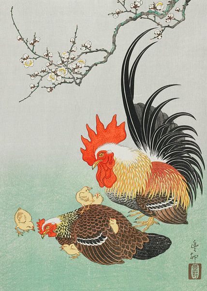 Hahn und Hühner mit Küken, Ohara Koson von Meisterhafte Meister