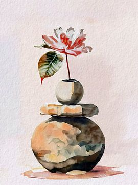 Pierres ZEN empilées avec une délicate fleur rose