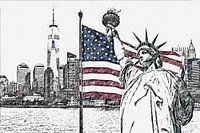 Zeichnung der Freiheitsstatue mit einer großen amerikanischen Flagge und der New Yorker Skyline im Hintergrund