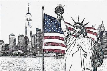 Drawing of Statue of Liberty with a large american flag and New York skyline in the background by Maria Kray