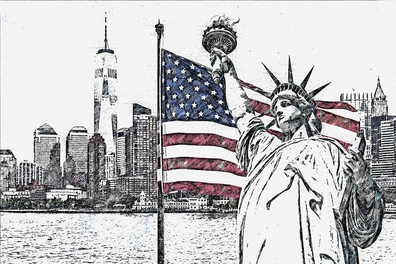 Dessin de la Statue de la Liberté avec un grand drapeau américain et l'horizon de New York en arrière-plan par Maria Kray