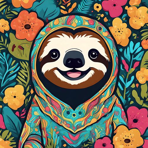 Schattige luiaard omringd door bloemen