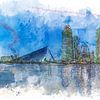 Skyline Rotterdam aquarel van Ton de Koning