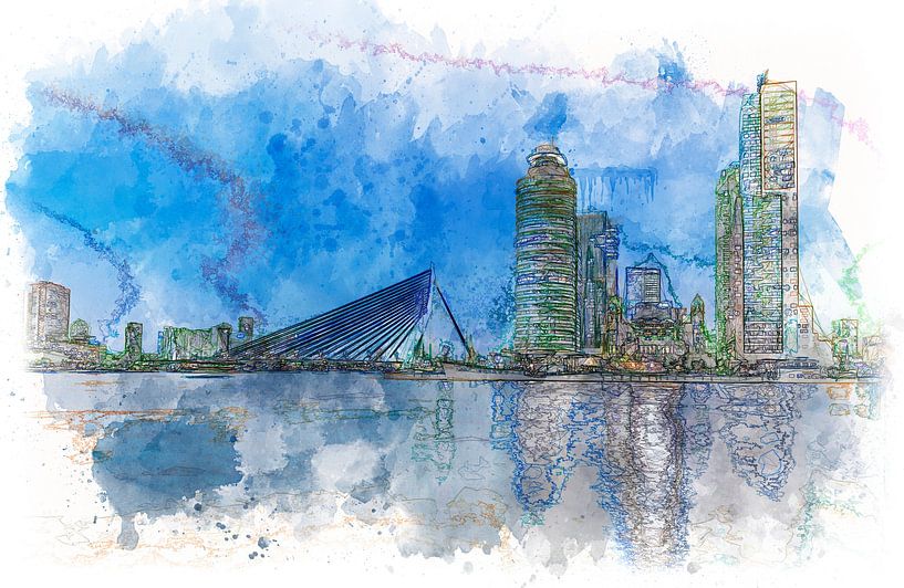 Aquarelle de la ligne d'horizon de Rotterdam par Ton de Koning