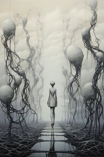 Landscape surreal abstract and bizarre with alien life and a woman