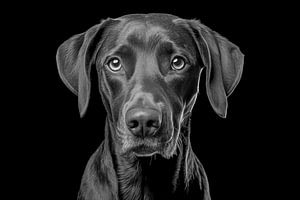 Porträt eines Hundes, schwarz-weißer Hintergrund, Kunstdesign