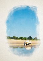 Ein liegendes Boot am Strand in Aquarell