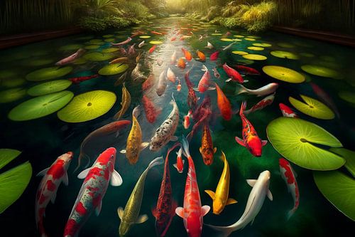 Koi in de vijver: een levend aquarel van de natuur