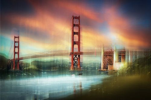 meervoudige blootstelling abstract Golden Gate Bridge in San Francisco USA van Baker Beach